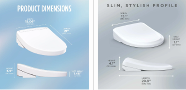 Side-by-side comparison of two bidet seats showing product dimensions, slim and modern design.