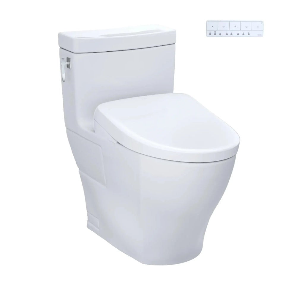 Modern white bidet toilet with attached control panel on a plain background.