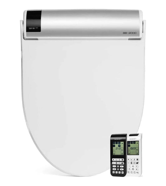 Modern bidet toilet seat with two remote controls, shown on white background.