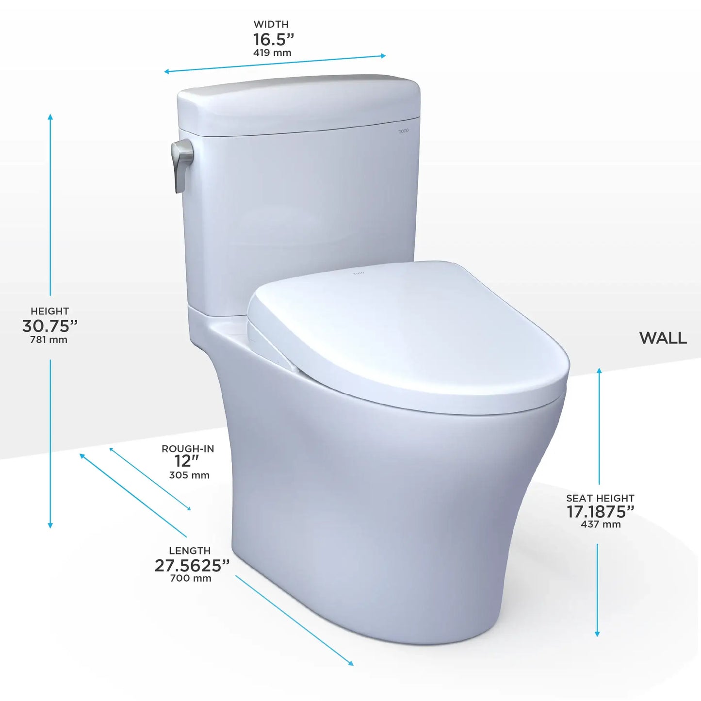TOTO Aquia IV Cube Two-Piece Dual Flush 1.28 and 0.9 GPF Toilet with S5 Bidet Seat MW4363446CEMFGN#01
