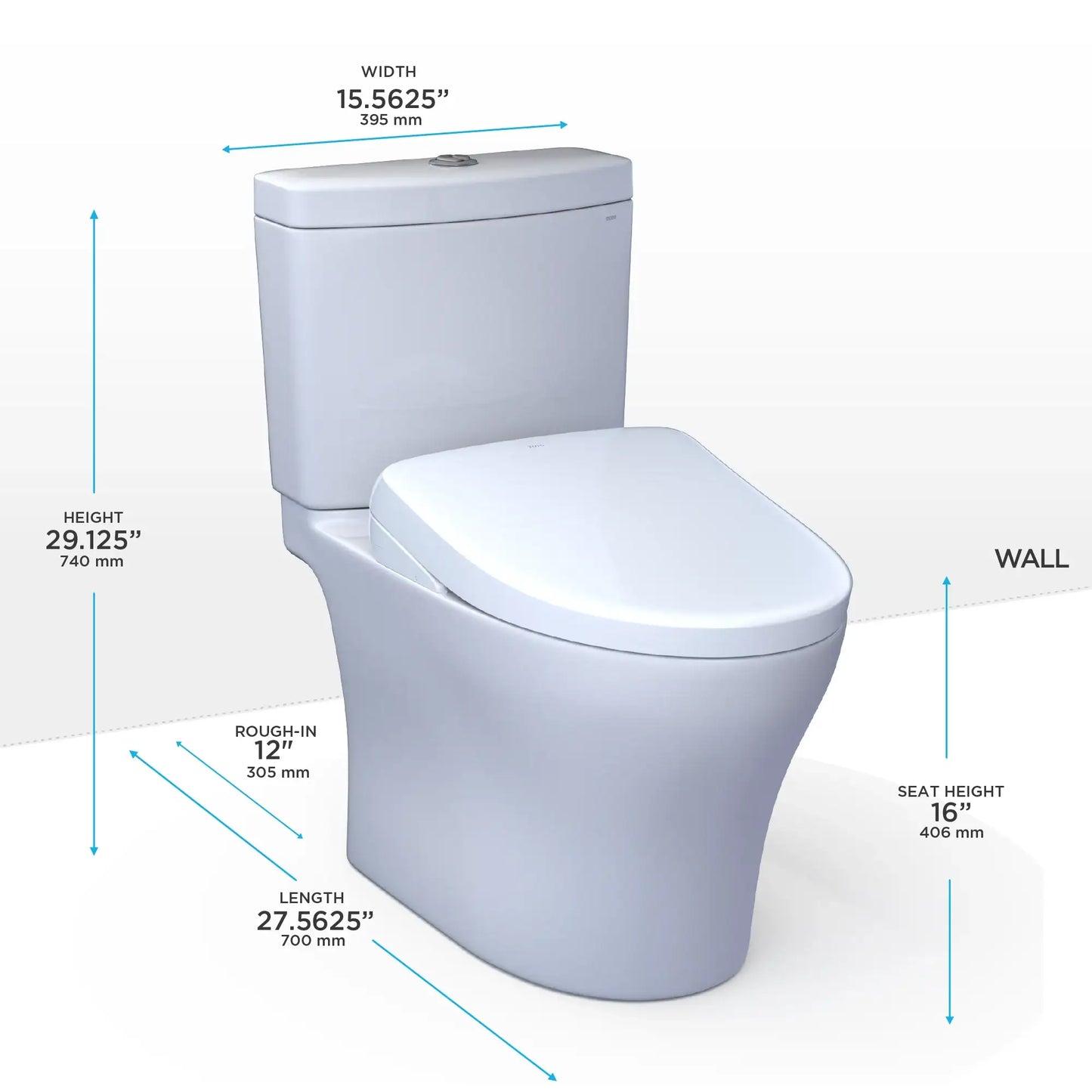 TOTO Aquia IV Two-Piece Standard Height Dual Flush 1.28 and 0.9 GPF Toilet and S5 Bidet Seat MW4463446CEMGN#01 Measurements