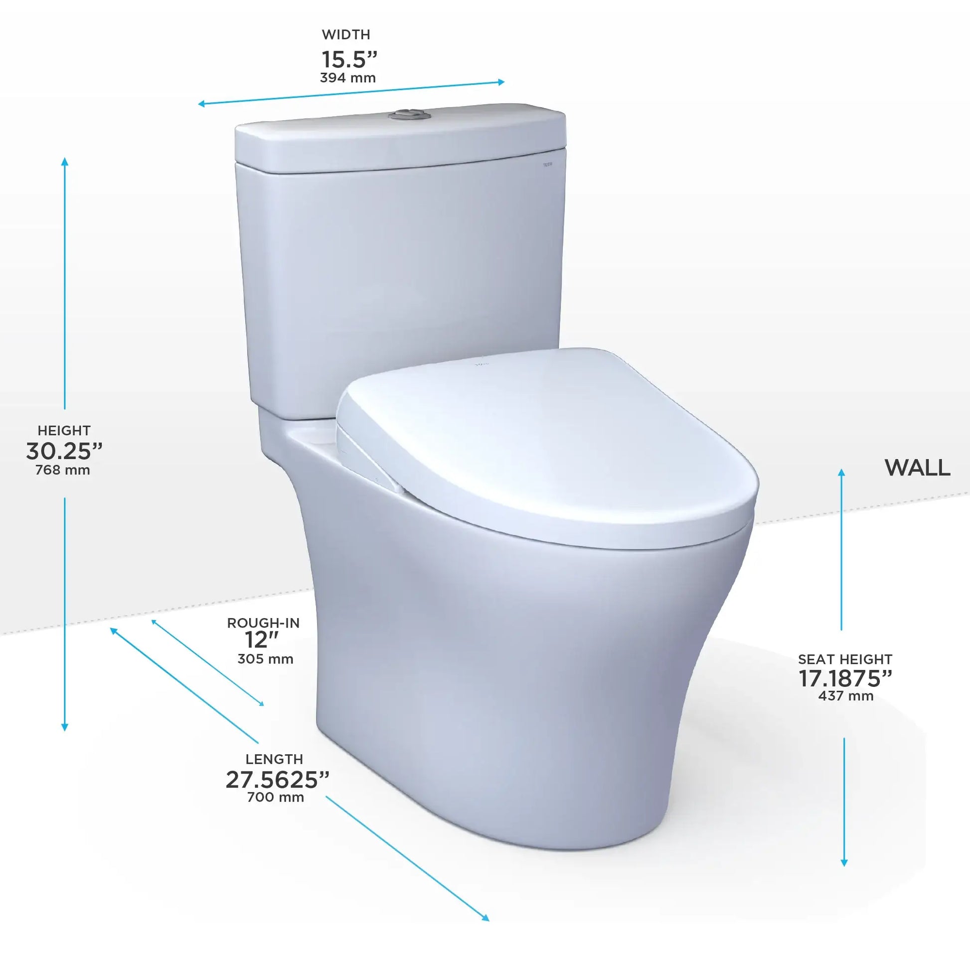 TOTO Aquia IV Two-Piece Universal Height Dual Flush 1.28 and 0.9 GPF Toilet and S5 Bidet Seat MW4463446CEMFGN#01 Measurements