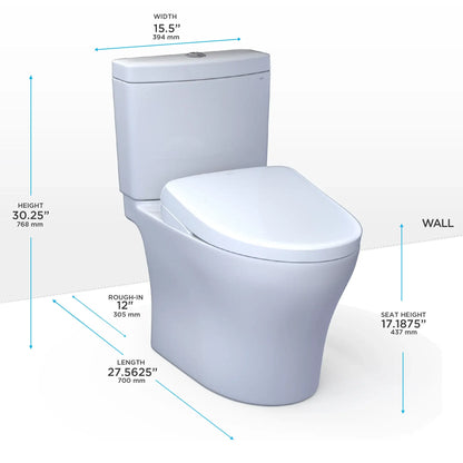 TOTO Aquia IV Two-Piece Universal Height Dual Flush 1.28 and 0.9 GPF Toilet and S5 Bidet Seat MW4463446CEMFGN#01 Measurements