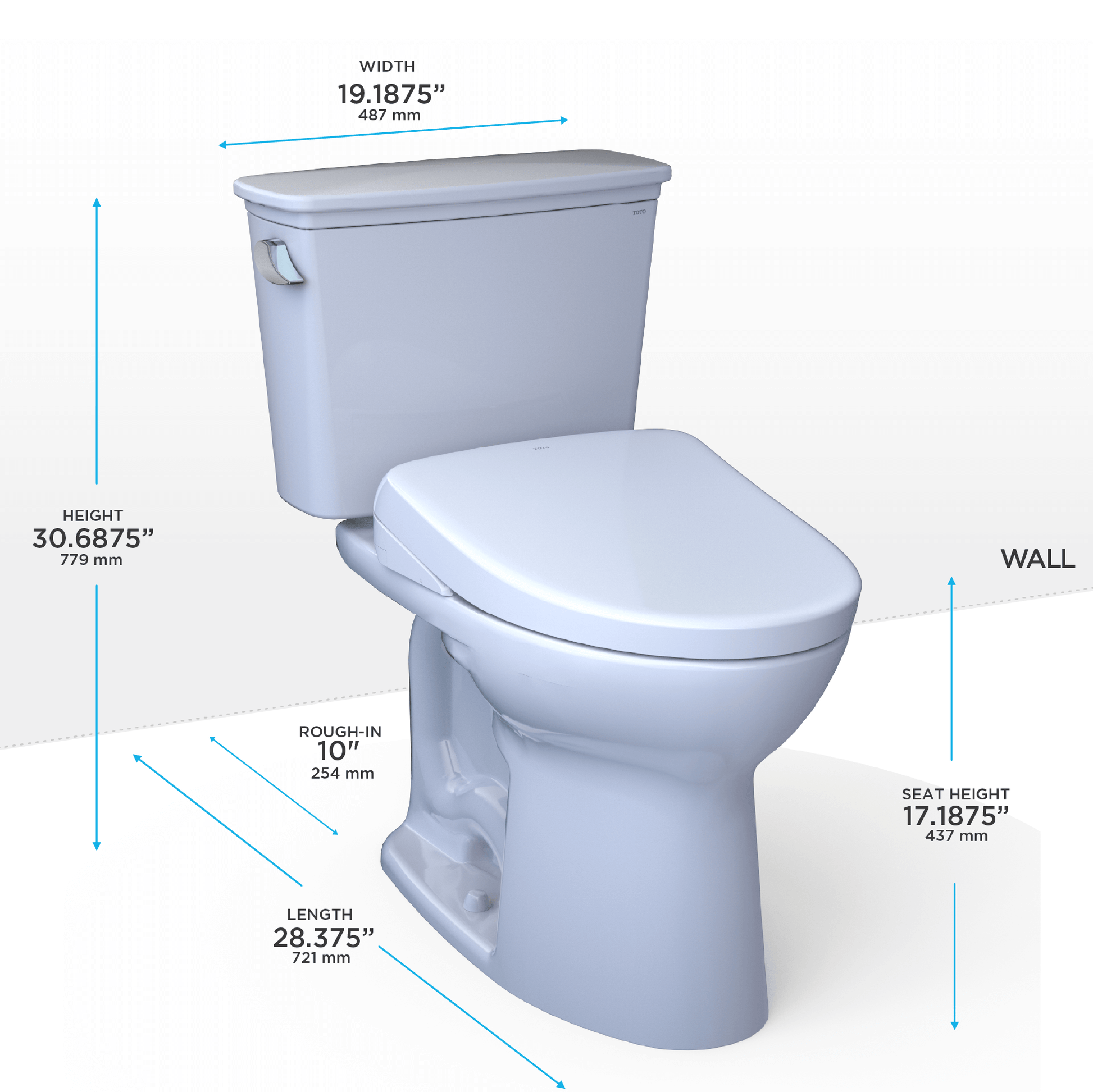 TOTO Drake Transitional 1.28 GPF ADA Height S7 Contemporary Bidet Seat MW7864726CEFG.10 Measurements