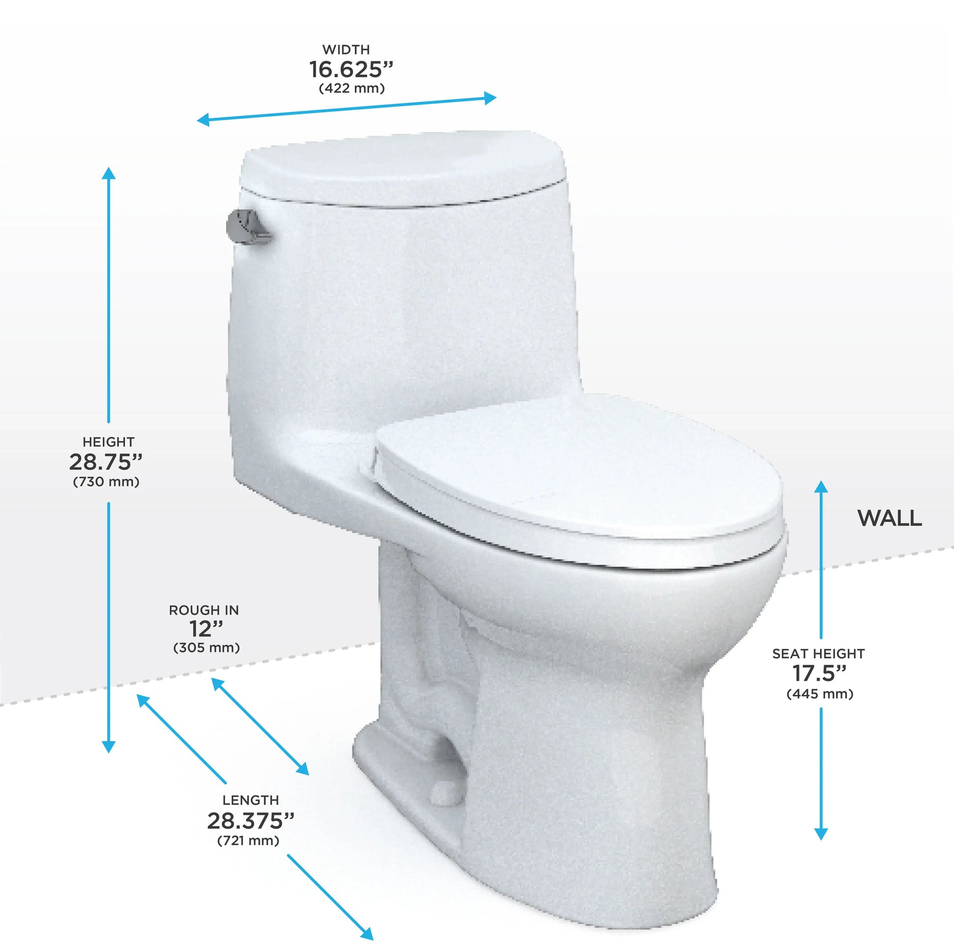 TOTO UltraMax II WASHLET+ One-Piece Elongated 1.28 GPF Universal Height Toilet with SS124 SoftClose Seat MS604124CEFG Measurements