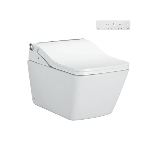 TOTO WASHLET+ SP square wall-hung toilet with SW bidet seat, lid closed, and wall-mounted remote control, Cotton White