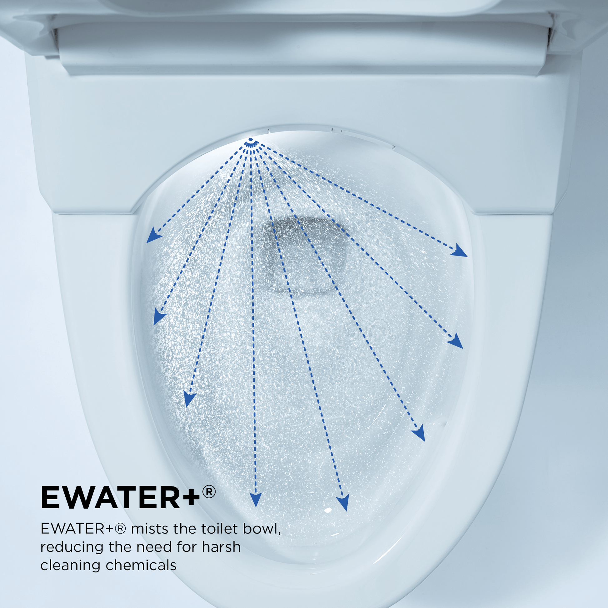 EWATER+® feature by TOTO demonstrating misting technology that cleans the toilet bowl, reducing the need for harsh cleaning chemicals