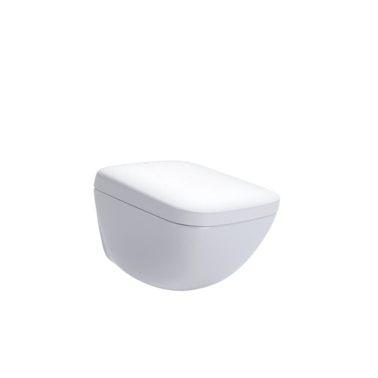 TOTO NEOREST WX1 wall-hung integrated bidet toilet in Cotton White, angled front view with lid closed