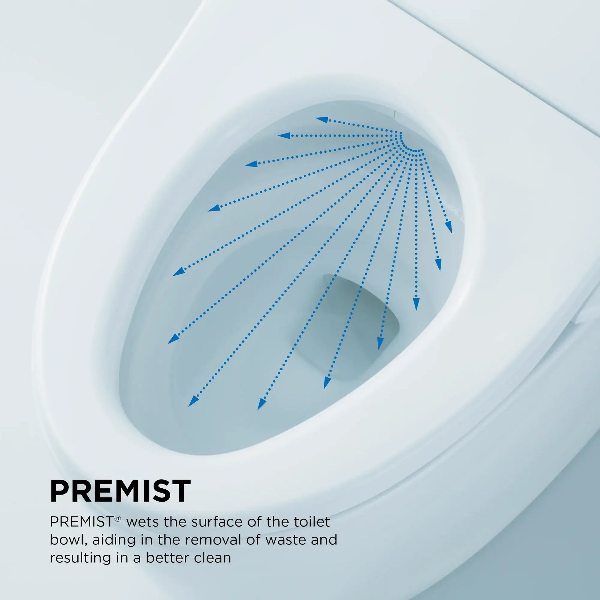 Infographic of TOTO PREMIST wetting the bowl surface before use to reduce waste sticking for a cleaner bowl