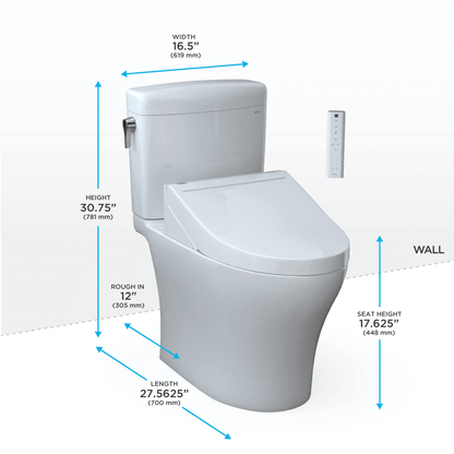 TOTO WASHLET+ Aquia IV Cube Universal Height Two-Piece Dual Flush 1.28 and 0.9 GPF Toilet with C5 Bidet Seat - MW4363084CEMFGN#01