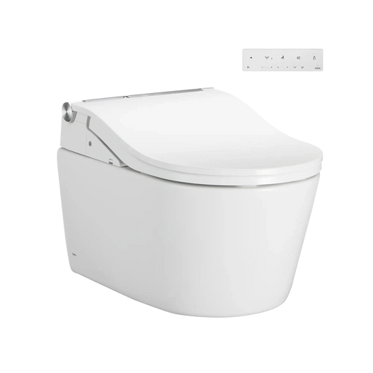 TOTO WASHLET+ RP D-shape wall-hung toilet with RW bidet seat, lid closed, and wall-mounted remote control, Cotton White