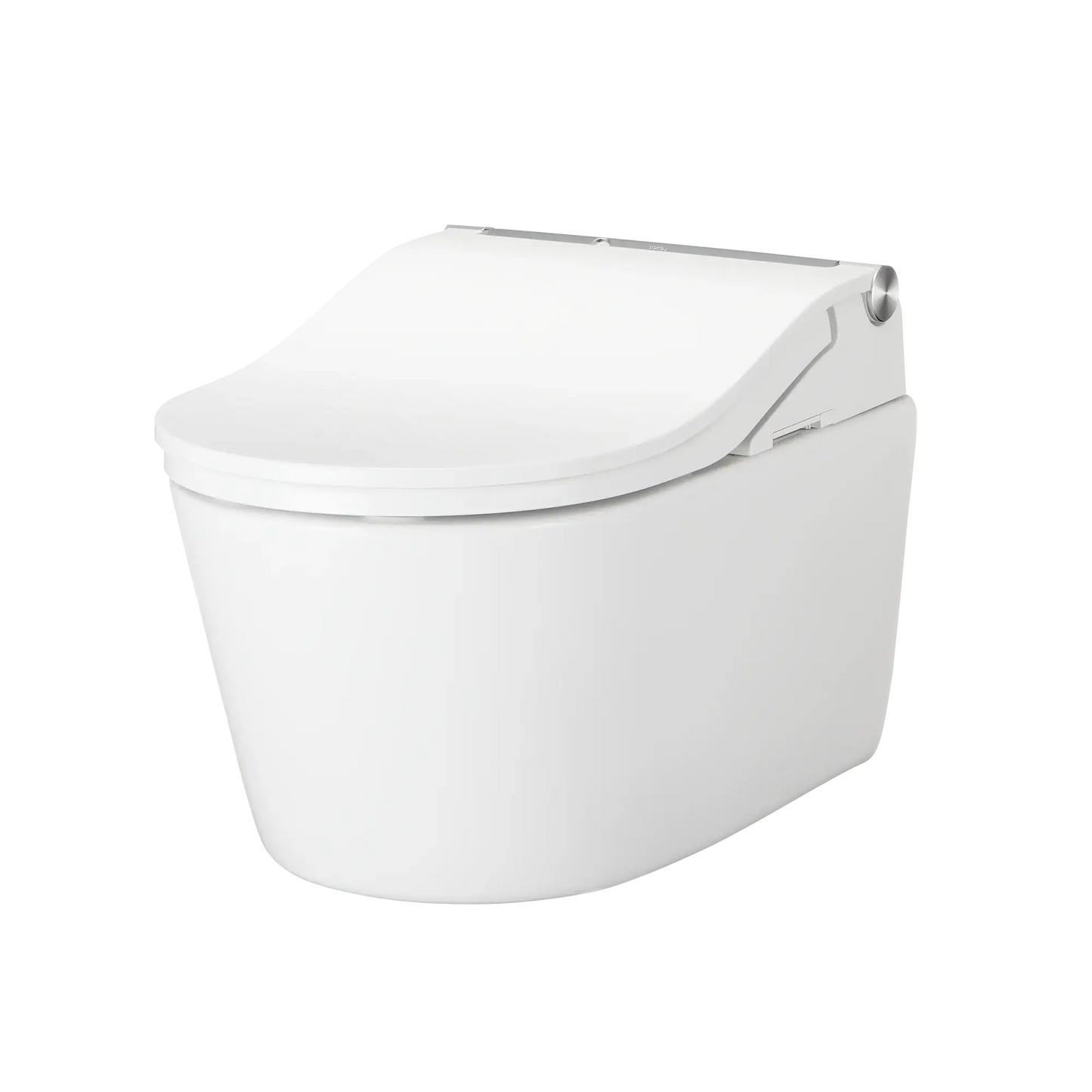 TOTO WASHLET+ RP D-shape wall-hung toilet with RW bidet seat, angled view with lid closed