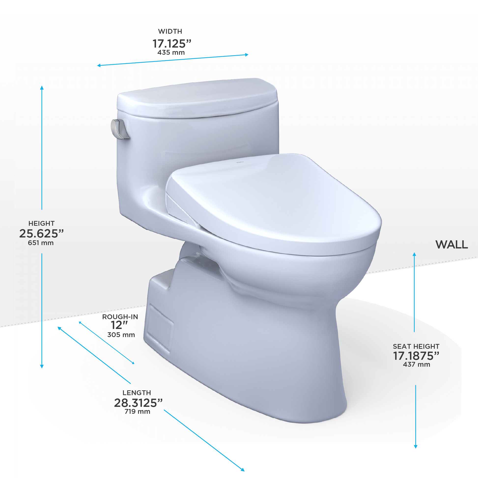 TOTO Carolina II One-Piece 1.28 GPF Universal Height Toilet and S7 Bidet Seat MW6444726CEFG#01 Measurements