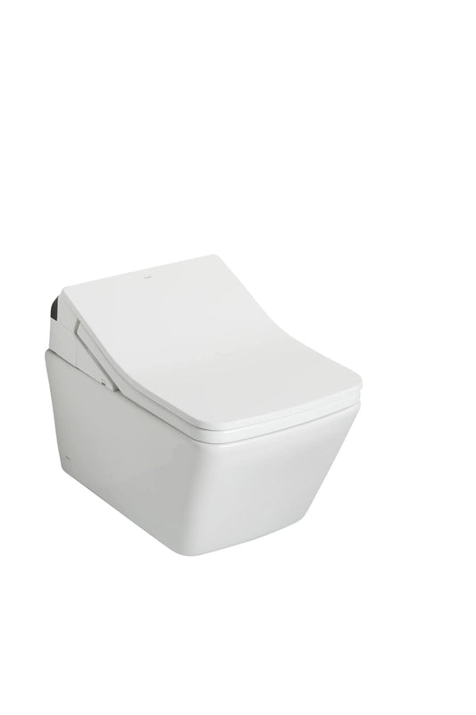 TOTO WASHLET+ SP square wall-hung toilet with SX bidet seat, lid closed, angled view, Cotton White