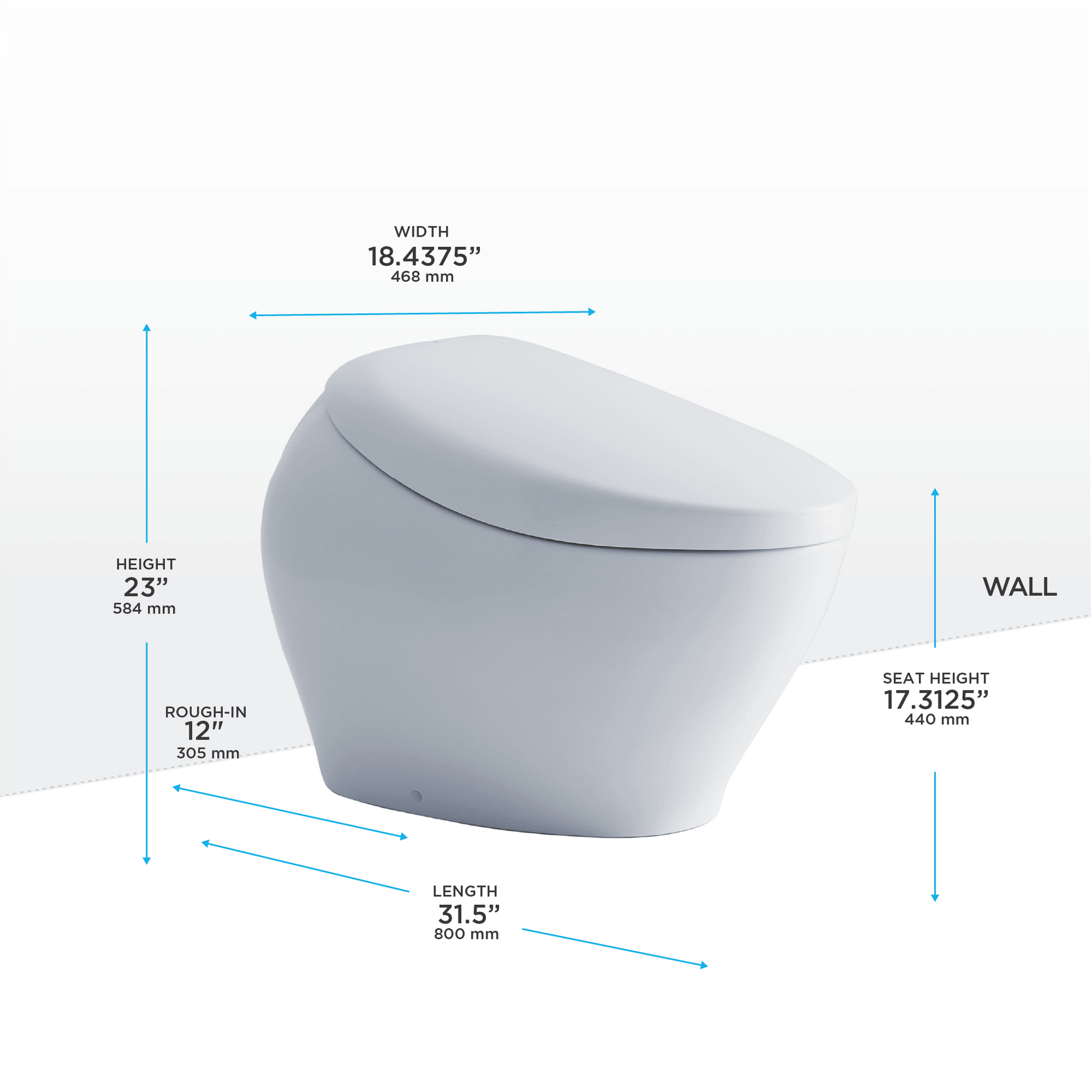 TOTO NEOREST NX1 Bidet Toilet MS902CUMFG#01 Dimensions - Height 23in, Width 18.4375in, Seat Height 17.3125in, Length 31.5in, Rough-In 12in.