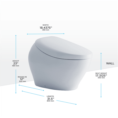 TOTO NEOREST NX1 Bidet Toilet MS902CUMFG#01 Dimensions - Height 23in, Width 18.4375in, Seat Height 17.3125in, Length 31.5in, Rough-In 12in.