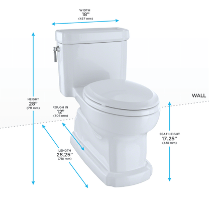 TOTO Eco Guinevere Skirted Toilet with CEFIONTECT dimensions - width 18", height 28", length 28.25", seat height 17.25", rough-in 12"