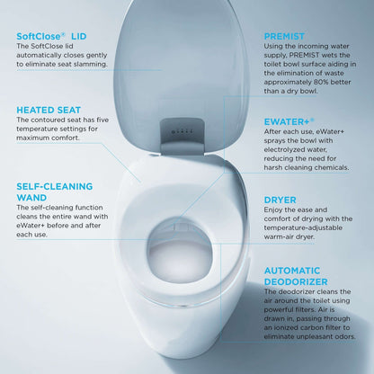 TOTO NEOREST NX1 Intelligent Toilet features including SoftClose lid, heated seat, self-cleaning wand, eWater+, dryer, and automatic deodorizer.