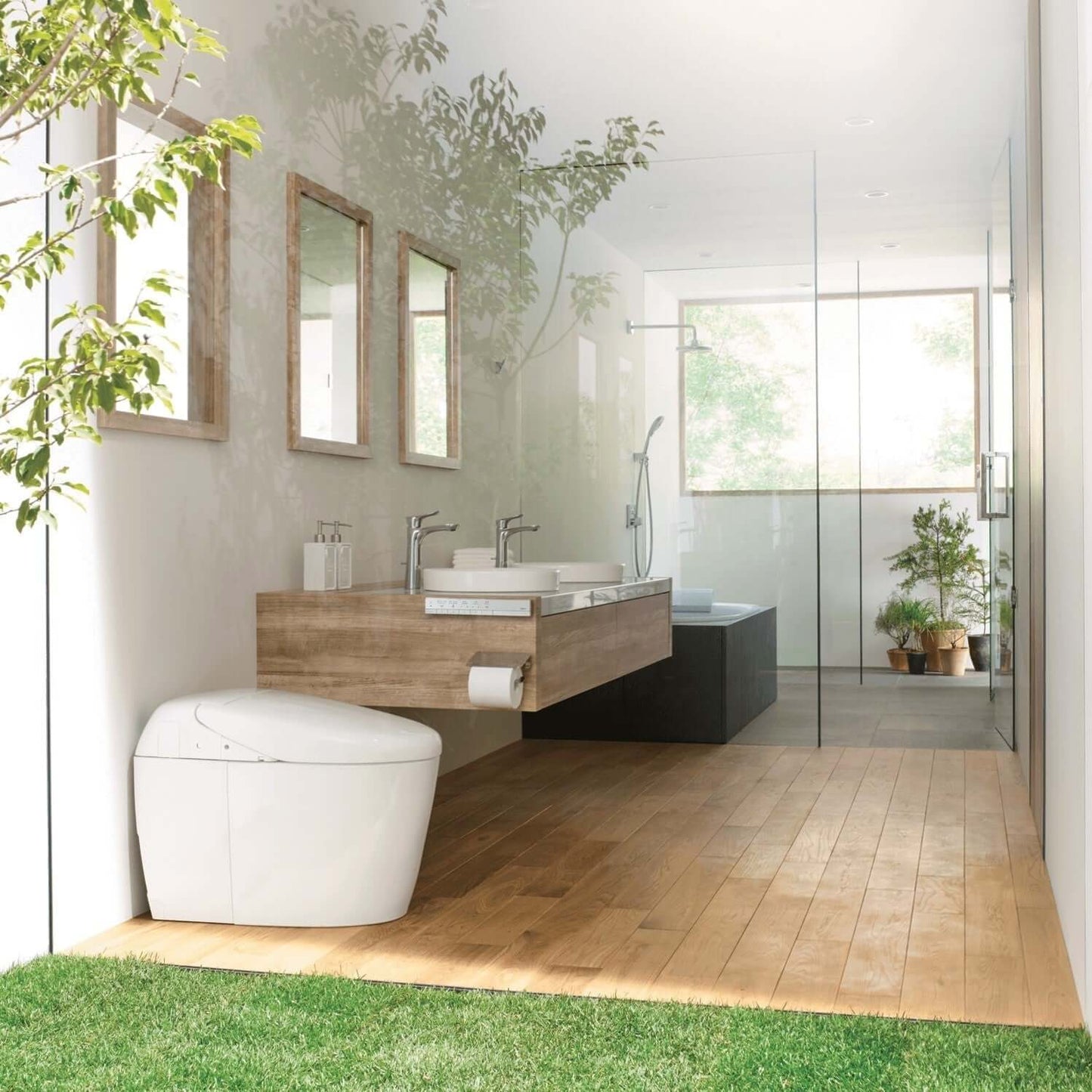 TOTO Neorest RH dual flush bidet toilet in a modern, elegantly designed bathroom with wooden flooring and green plants