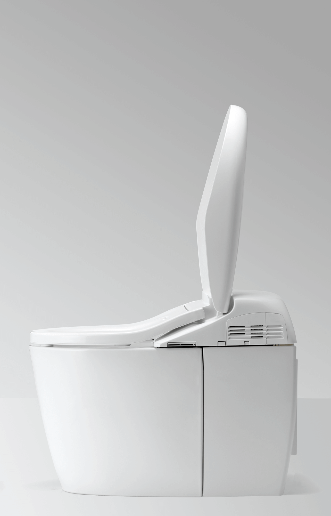 Side view of TOTO NEOREST RH dual flush universal height bidet toilet with lid open, model MS988CUMFG#01 and MS988CUMFG#12