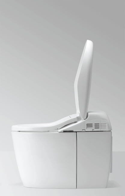 Side view of TOTO NEOREST RH dual flush universal height bidet toilet with lid open, model MS988CUMFG#01 and MS988CUMFG#12