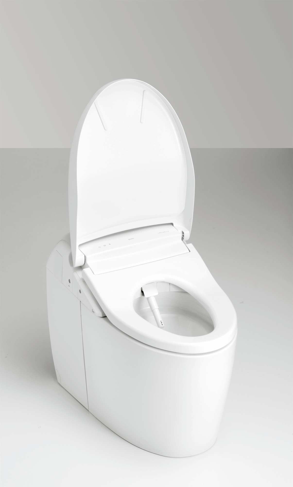 TOTO NEOREST RH Dual Flush Universal Height Bidet Toilet with open lid and integrated bidet, featuring modern rounded design